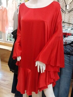Cesar Galundo Silk Satin CDC Flowey Red Ruffled Bell-Sleeve Tunic Dress One Size